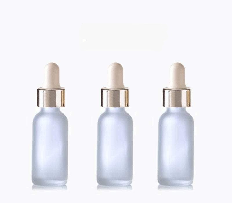 6 FROSTED 30ml Glass Bottles w/ Metallic Silver & White Dropper Pipette 1 Oz UPSCALE LUXURY Cosmetic Skincare Packaging, Serum Essential Oil