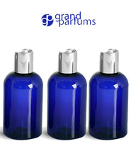 Load image into Gallery viewer, 3 PREMIUM Clear 8 Oz Soap/Hand Cream, Shampoo/Conditioner Shiny 240ml MODERN PET Boston Round Plastic Bottles w/ Silver Disc Cap Dispenser