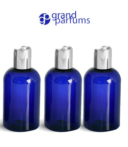 3 PREMIUM Clear 8 Oz Soap/Hand Cream, Shampoo/Conditioner Shiny 240ml MODERN PET Boston Round Plastic Bottles w/ Silver Disc Cap Dispenser
