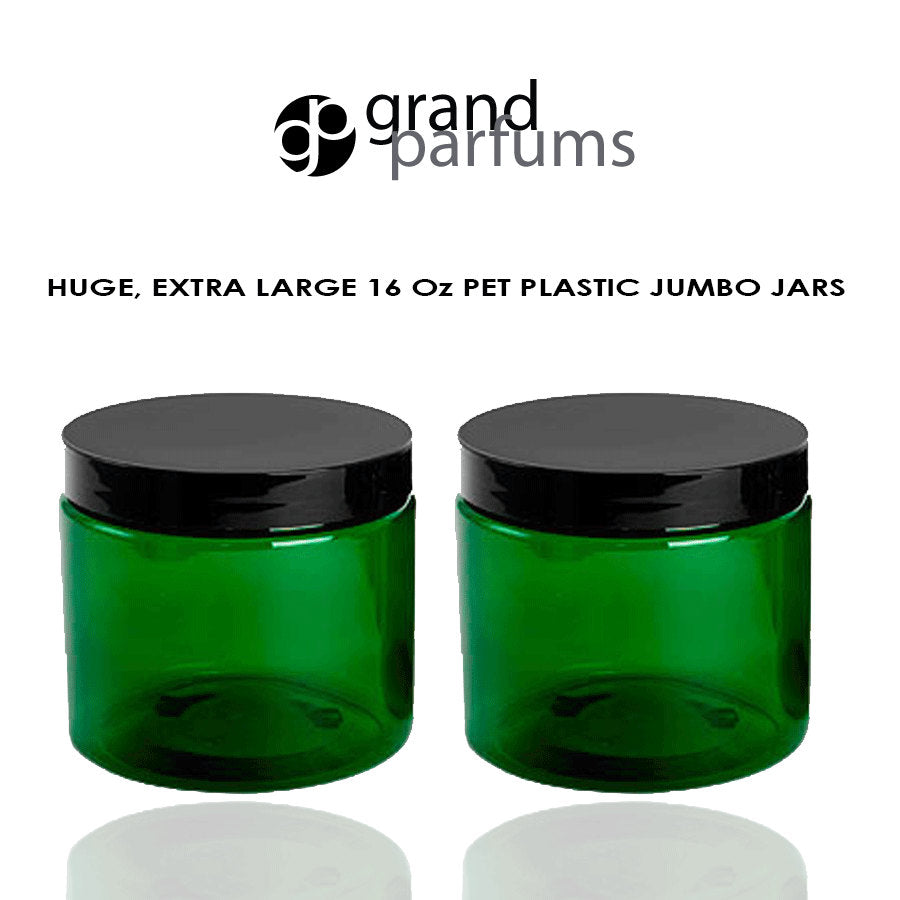 3 PREMIUM Green Xtra Large JUMBO 16 Oz Jars Hand Cream, Body Butter, Scrubs, Conditioner 240ml PET Hi Wall Plastic Jars w/ Smooth Black Cap