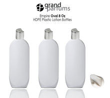 Load image into Gallery viewer, 3 WHITE 8 Oz HDPE Plastic Bottles GOLD Disc Top 240ml Shampoo Lotion Body Cream Conditioner Wash Empty Private Label Packaging Container