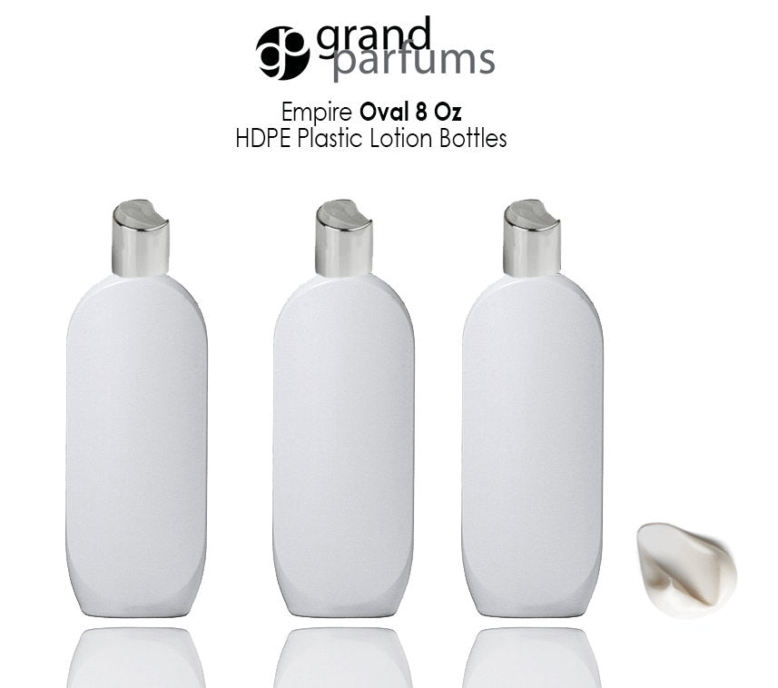 6 WHITE 8 Oz HDPE Plastic Bottles SILVER Disc Top 240ml Shampoo Lotion Body Cream Conditioner Wash Empty Private Label Packaging Container