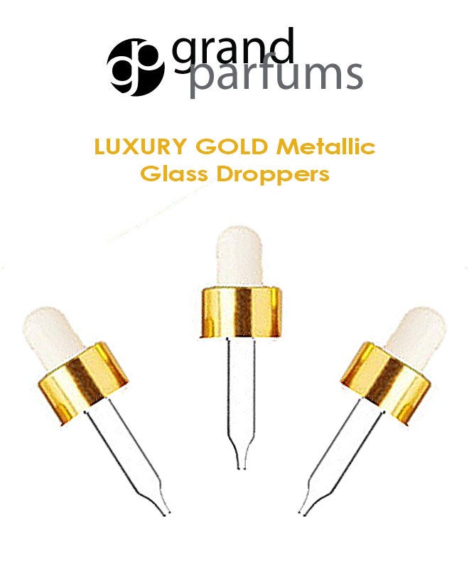 3 LUXURY Gold or Silver 5ml, 10ml or 15ml Aluminum Metal Collar Glass Replacement Dropper Pipettes 18/400 Neck for Essential Oils, Serums