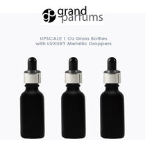 Load image into Gallery viewer, 6 MATTE BLACK 30ml Glass Bottles w/ Metallic Silver &amp; Black Dropper Pipette 1 Oz  LUXURY Cosmetic Skincare Packaging, Serum Essential Oil