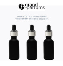 Load image into Gallery viewer, 6 MATTE BLACK 30ml Glass Bottles w/ Metallic Gold &amp; Black Dropper Pipette 1 Oz  LUXURY Cosmetic Skincare Packaging, Serum Essential Oil