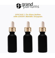 Load image into Gallery viewer, 6 MATTE BLACK 30ml Glass Bottles w/ Metallic Silver &amp; Black Dropper Pipette 1 Oz  LUXURY Cosmetic Skincare Packaging, Serum Essential Oil