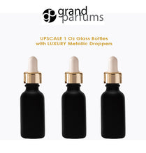 Load image into Gallery viewer, 50 MATTE BLACK 30ml Glass Bottles w/ Metallic Gold &amp; Black Dropper Pipette 1 Oz  LUXURY Cosmetic Skincare Packaging, Serum Essential Oil