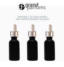 Load image into Gallery viewer, 50 MATTE BLACK 30ml Glass Bottles w/ Metallic Gold &amp; Black Dropper Pipette 1 Oz  LUXURY Cosmetic Skincare Packaging, Serum Essential Oil