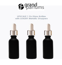 Load image into Gallery viewer, 6 MATTE BLACK 30ml Glass Bottles w/ Metallic Silver &amp; Black Dropper Pipette 1 Oz  LUXURY Cosmetic Skincare Packaging, Serum Essential Oil