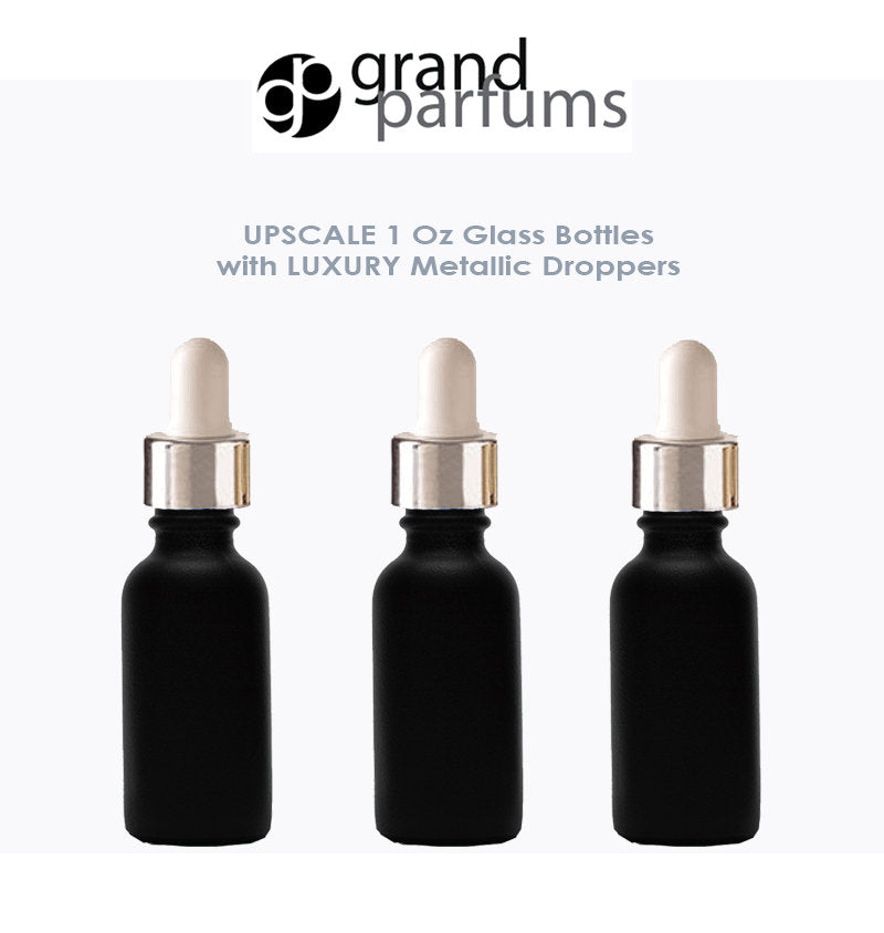 6 MATTE BLACK 30ml Glass Bottles w/ Metallic Silver & White Dropper Pipette 1 Oz  LUXURY Cosmetic Skincare Packaging, Serum Essential Oil