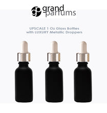 Load image into Gallery viewer, 6 MATTE BLACK 30ml Glass Bottles w/ Metallic Gold &amp; Black Dropper Pipette 1 Oz  LUXURY Cosmetic Skincare Packaging, Serum Essential Oil