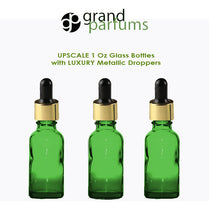 Load image into Gallery viewer, 6 GREEN Upscale 30ml Glass Bottles w/ Metallic Gold &amp; White Dropper Pipette 1 Oz LUXURY Cosmetic Skincare Packaging, Serum Essential Oil