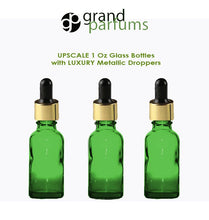Load image into Gallery viewer, 6 GREEN Upscale 30ml Glass Bottles w/ Metallic Gold &amp; Black Dropper Pipette 1 Oz LUXURY Cosmetic Skincare Packaging, Serum Essential Oil
