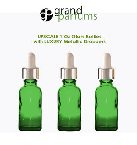 6 GREEN Upscale 30ml Glass Bottles w/ Metallic Gold & White Dropper Pipette 1 Oz LUXURY Cosmetic Skincare Packaging, Serum Essential Oil