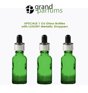 6 GREEN Upscale 30ml Glass Bottles w/ Metallic Gold & Black Dropper Pipette 1 Oz LUXURY Cosmetic Skincare Packaging, Serum Essential Oil