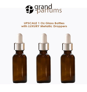 6 AMBER Upscale 30ml Glass Bottles w/ Metallic Gold & Black Dropper Pipette 1 Oz LUXURY Cosmetic Skincare Packaging, Serum Essential Oil