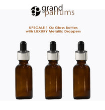 Load image into Gallery viewer, 6 AMBER Upscale 30ml Glass Bottles w/ Metallic Gold &amp; White Dropper Pipette 1 Oz LUXURY Cosmetic Skincare Packaging, Serum Essential Oil