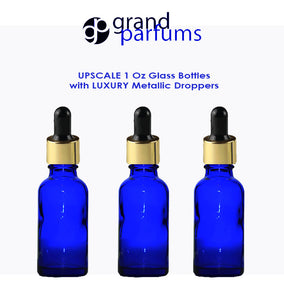 6 Cobalt BLUE 30ml Glass Bottles w/ Metallic Silver & White Dropper Pipette 1 Oz LUXURY Cosmetic Skincare Packaging, Serum Essential Oil