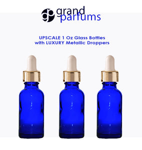 6 Cobalt BLUE 30ml Glass Bottles w/ Metallic Gold & Black Dropper Pipette 1 Oz LUXURY Cosmetic Skincare Packaging, Serum Essential Oil