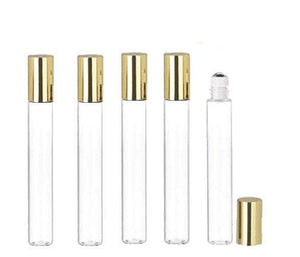 12 LUXURY Long Slim 10ml Clear Glass Roller Bottle, Perfume Bottles STAINLESS STEEL Ball Fitment, 1/3 Oz Essential Oil, Lip Gloss, 10 ml