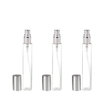 Load image into Gallery viewer, 12 Slim Tall Clear Glass 15ml Fine Mist Perfume &amp; Oil Atomizer Bottles 1/2 Oz 15 ml Shiny SILVER Metallic Spray Mist Cap Modern Style DIY