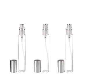 12 Slim Tall Clear Glass 15ml Fine Mist Perfume & Oil Atomizer Bottles 1/2 Oz 15 ml Shiny SILVER Metallic Spray Mist Cap Modern Style DIY