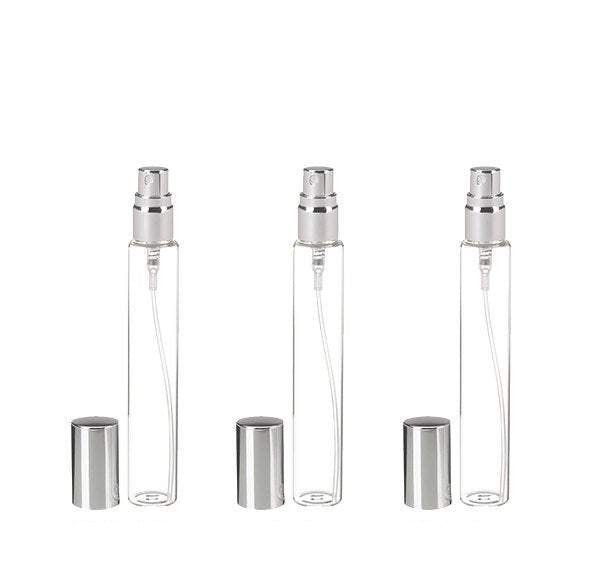 12 Slim Tall Clear Glass 15ml Fine Mist Perfume & Oil Atomizer Bottles 1/2 Oz 15 ml Shiny SILVER Metallic Spray Mist Cap Modern Style DIY