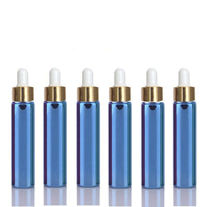 5 Mini 10ml Glass Essential Oil Glass Dropper Bottles (1/3 Oz) Metallic BLUE Colors w/ UV Coating Shiny Metallic GOLD Glass Pipettes 10 ml