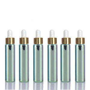 5 Mini 10ml Glass Essential Oil Glass Dropper Bottles (1/3 Oz) Metallic BLUE Colors w/ UV Coating Shiny Metallic GOLD Glass Pipettes 10 ml