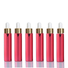 Load image into Gallery viewer, 5 Mini 10ml Glass Essential Oil Glass Dropper Bottles (1/3 Oz) Metallic RED Colors w/ UV Coating Shiny Metallic GOLD Glass Pipettes 10 ml