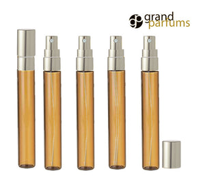 3 LUXURY Long Slim Glass 10ml Amber Perfume Atomizers, Fine Mist Sprayer, 1/3 Oz Cologne Blends, Samples, Exculsive Private Label Packaging