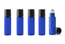 Load image into Gallery viewer, 12 Cobalt BLUE Mini 5ml Rollon Bottles GLASS or Stainless STEEL Roller Ball for Perfume Oil 1/6 Oz Lip Gloss 5 ml W/ Bonus Essential Oil Key