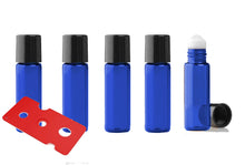 Load image into Gallery viewer, 12 Cobalt BLUE Mini 5ml Rollon Bottles GLASS or Stainless STEEL Roller Ball for Perfume Oil 1/6 Oz Lip Gloss 5 ml W/ Bonus Essential Oil Key