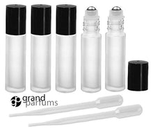 Load image into Gallery viewer, 144 FROSTED 10ml PREMIUM Roll On Bottles Stainless Steel Roller Balls 10 ml  1/3 Oz Essential Oil Perfume Lip Gloss White or Black Cap