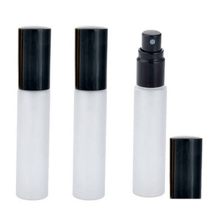 24 LUXURY FROSTED or Clear Glass 10ml Atomizer Fine Mist Perfume Bottles SILVER Aluminum Cap 1/3 Oz Upscale Modern Packaging Perfume Cologne