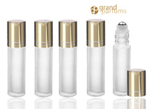 Load image into Gallery viewer, Bulk Price LUXURY GOLD Accented 10ml Frosted Quality Essential Oil Bottles 1/3 Ounce Stainless Steel Rollerball Insert Premium Aluminum Caps