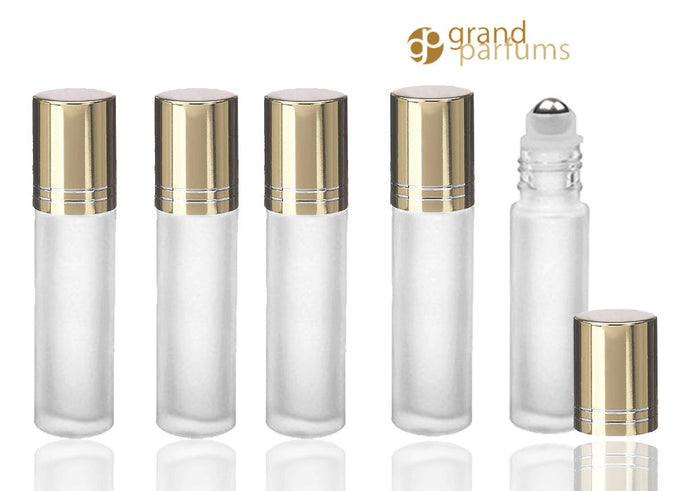 Bulk Price LUXURY GOLD Accented 10ml Frosted Quality Essential Oil Bottles 1/3 Ounce Stainless Steel Rollerball Insert Premium Aluminum Caps