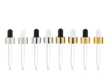 Load image into Gallery viewer, 100 UPSCALE Glass &amp; Aluminum Metal Shell Dropper Caps  SHINY or MATTE Gold or Silver 18-400 Private Label Cosmetic Pipettes 5ml, 10ml, 15ml