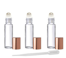 Load image into Gallery viewer, 12 CLEAR or Swirled 10mL DELUXE Rollerball Bottles Metal Steel Rollers Copper Rose Gold Aluminum Caps 1/3 Oz Roll-Ons Private Label