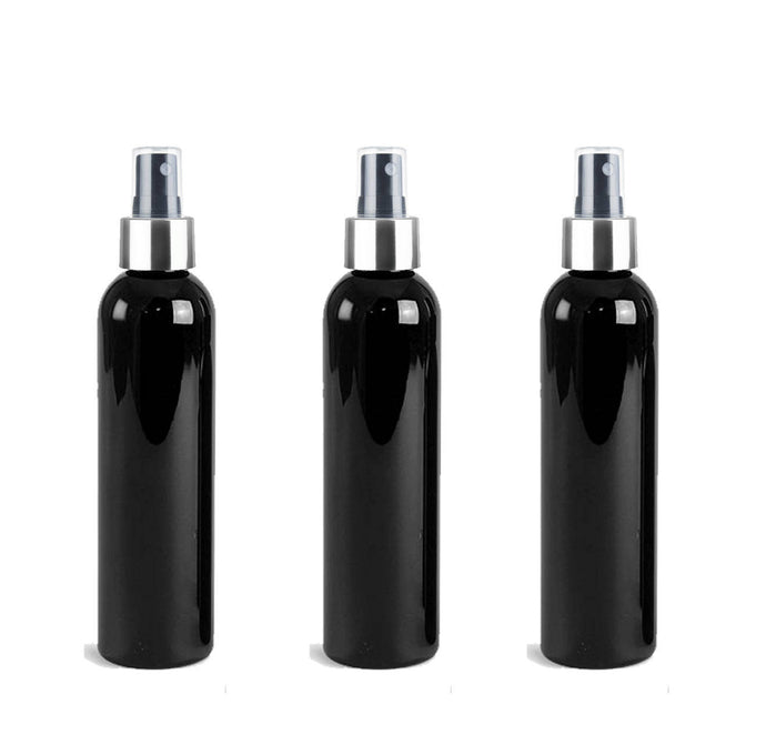 3 BPA Free Pet Plastic 8 Oz BLACK (240ml) Cosmo Bottles w/ Silver and Black Spray Cap for Perfume Essential Oil Blends Aromatherapy DIY