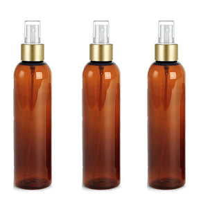 3 AMBER (240ml) Elegant PET Plastic 8 Oz Cosmo Bottles w/ Matte Gold Cap for Perfume, Essential Oil Blends, Aromatherapy, DIY