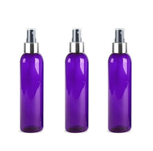 Load image into Gallery viewer, 3 BPA Free Pet Plastic 8 Oz CLEAR (240ml) Cosmo Bottles w/ Silver and Black Spray Cap for Perfume Essential Oil Blends Aromatherapy DIY