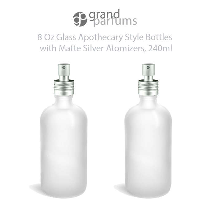 Set of 6 Glass, CLEAR FROSTED 8 Oz Bottles Essential Oil, Linen Spray, Perfume Apothecary Style w/ Matte Silver ALUMINUM Fine Mist Sprayers