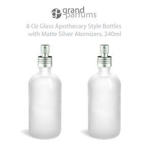 Set of 3 Glass, CLEAR FROSTED 8 Oz Bottles Essential Oil, Linen Spray, Perfume Apothecary Style w/ Matte Silver ALUMINUM Fine Mist Sprayers