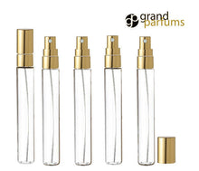 Load image into Gallery viewer, 48 LUXURY Long Slim Clear Glass 10ml Gold Perfume Atomizers, Fine Mist Sprayer, 1/3 Oz Cologne Blends, Samples, Private Label Packaging