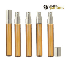 Load image into Gallery viewer, 48 LUXURY Long Slim Clear Glass 10ml Gold Perfume Atomizers, Fine Mist Sprayer, 1/3 Oz Cologne Blends, Samples, Private Label Packaging
