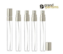 Load image into Gallery viewer, 48 LUXURY Long Slim Clear Glass 10ml Gold Perfume Atomizers, Fine Mist Sprayer, 1/3 Oz Cologne Blends, Samples, Private Label Packaging