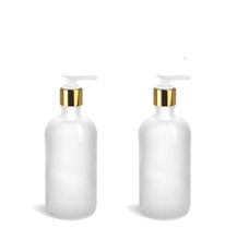 Load image into Gallery viewer, 1 Glass Lotion Pump Bottle, CLEAR FROSTED 8 Oz Bottles w/ Shiny Gold Overshell Pumps