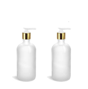 1 Glass Lotion Pump Bottle, CLEAR FROSTED 8 Oz Bottles w/ Shiny Gold Overshell Pumps