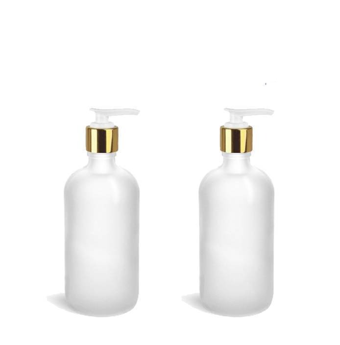 1 Glass Lotion Pump Bottle, CLEAR FROSTED 8 Oz Bottles w/ Shiny Gold Overshell Pumps